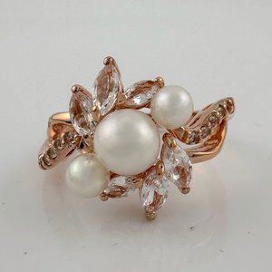 Beautiful Pearl and White Gemstone Cocktail Ring 14kt Gold Overlay Sterling
